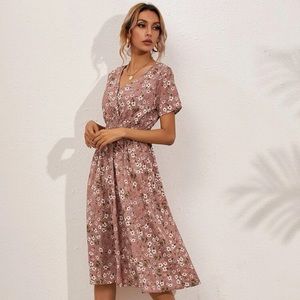 SHEIN Allover Floral Shirred Wrap A-Line Dress